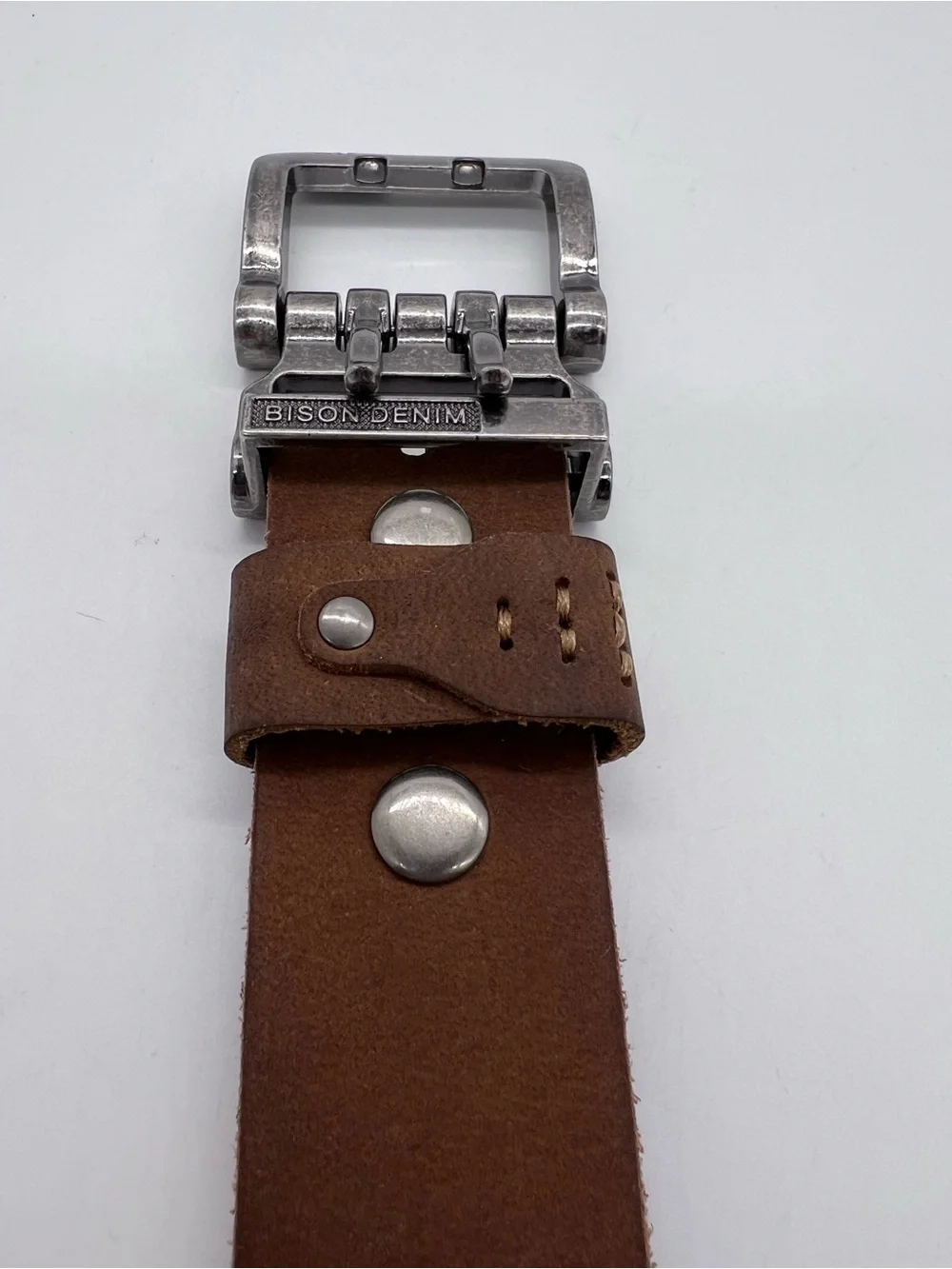 Bison Denim Men’s Brown Leather Belt with Brushed Metal Buckle